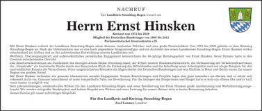 Traueranzeige Ernst Hinsken