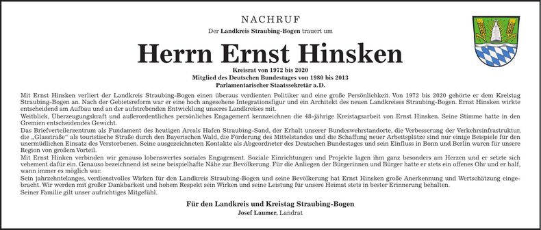 Traueranzeige Ernst Hinsken