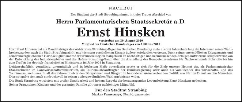 Traueranzeige Ernst Hinsken