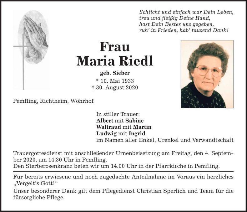Traueranzeige Maria Riedl