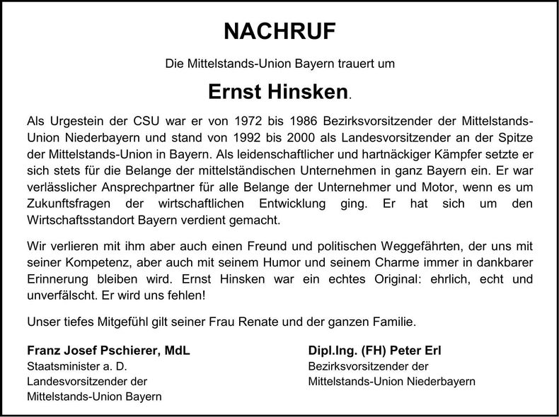 Traueranzeige Ernst Hinsken