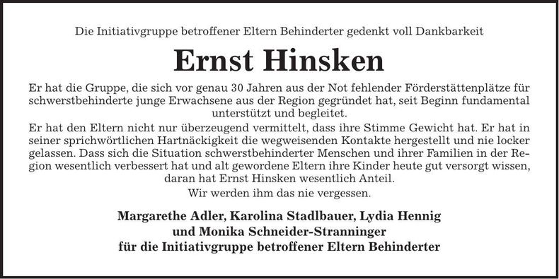 Traueranzeige Ernst Hinsken