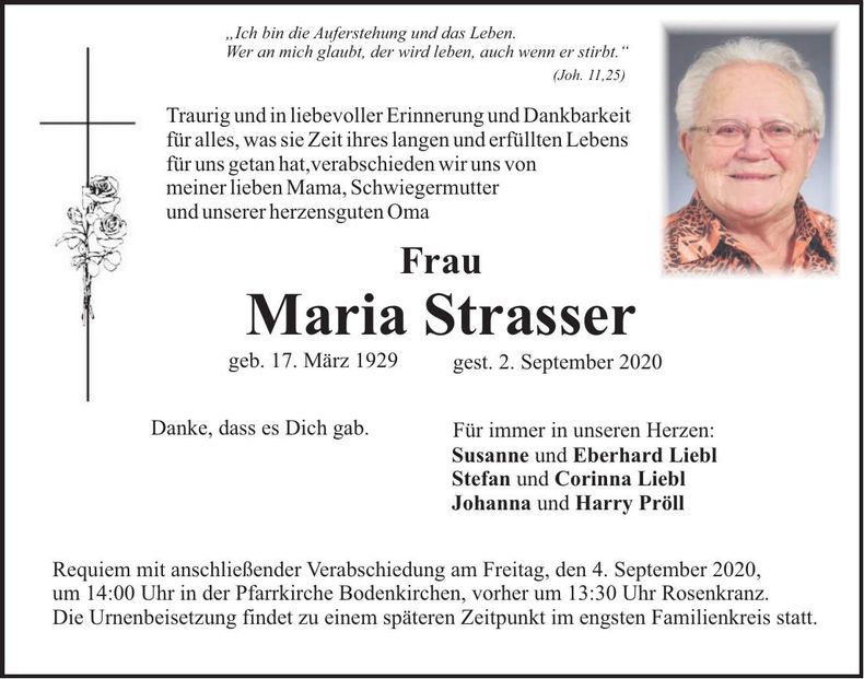 Traueranzeige Maria Strasser