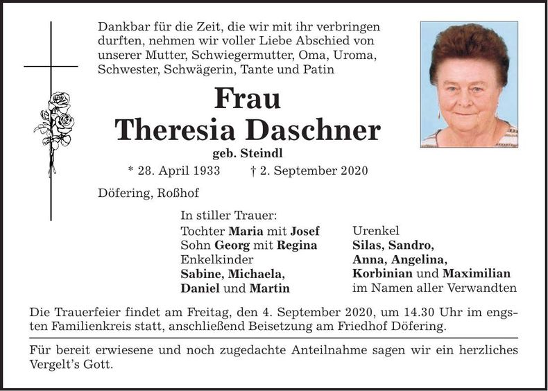 Traueranzeige Theresia Daschner