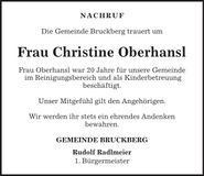 Traueranzeige Christine Oberhansl