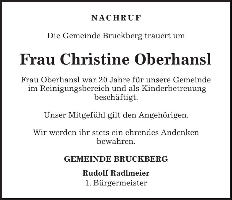 Traueranzeige Christine Oberhansl