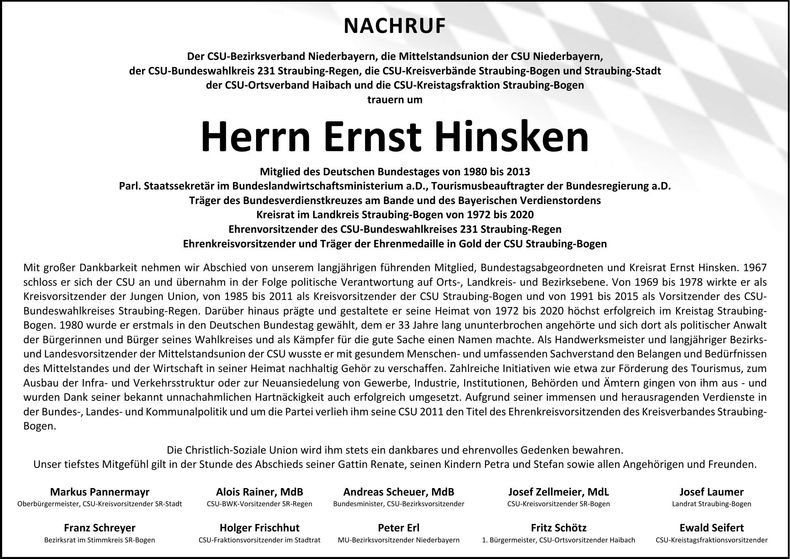 Traueranzeige Ernst Hinsken