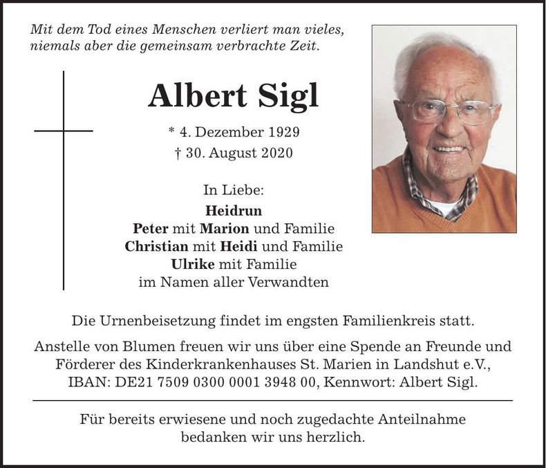 Traueranzeige Albert Sigl