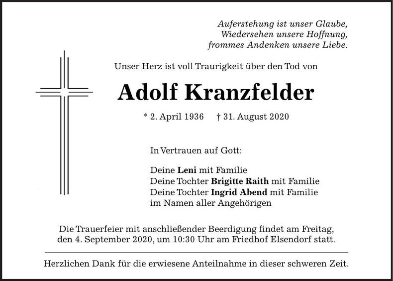 Traueranzeige Aldolf Kranzfelder