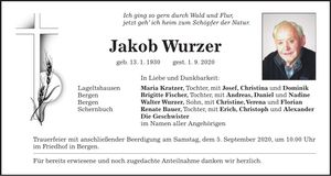 Traueranzeige Jakob Wurzer