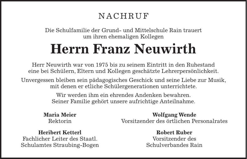 Traueranzeige Franz Neuwirth