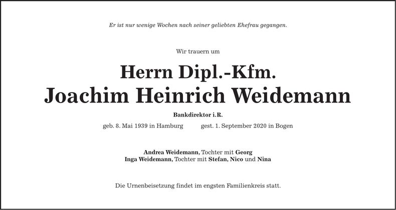 Traueranzeige Joachim Heinrich Weidemann