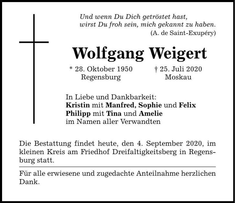 Traueranzeige Wolfgang Weigert