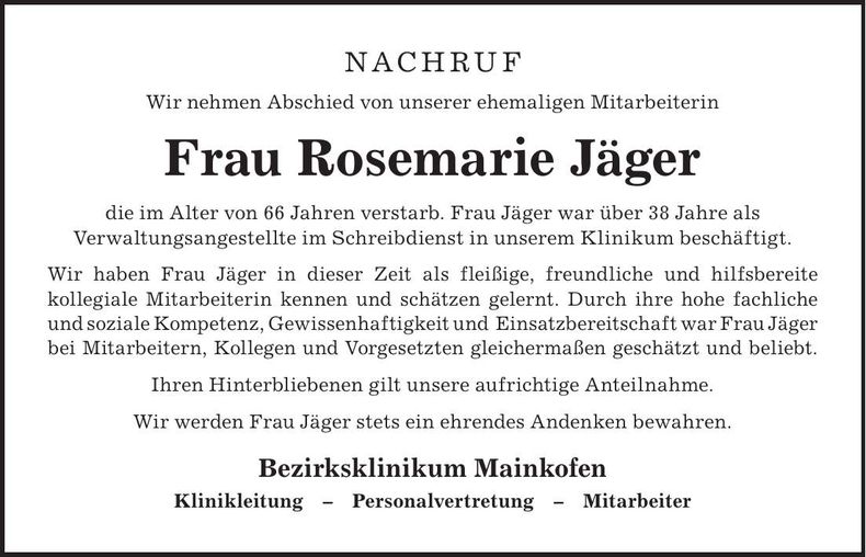 Traueranzeige Rosemarie Jäger