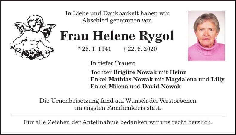 Traueranzeige Helene Rygol