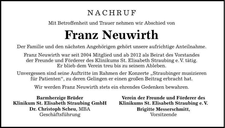 Traueranzeige Franz Neuwirth
