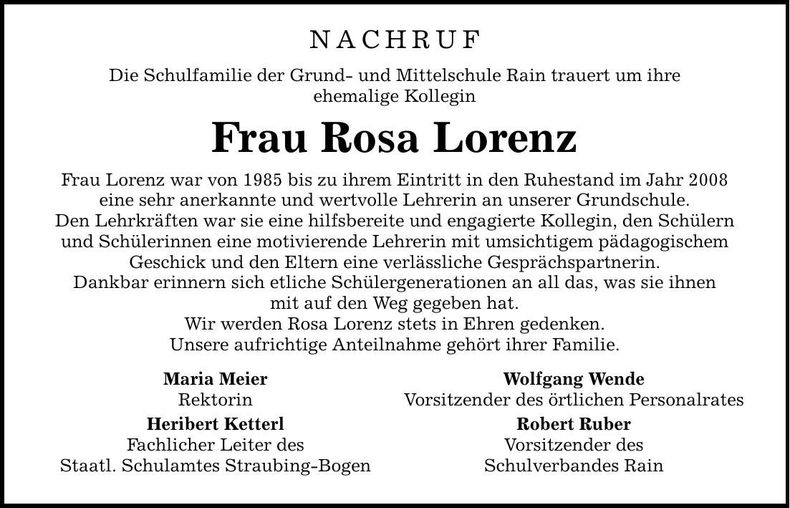 Traueranzeige Rosa Lorenz
