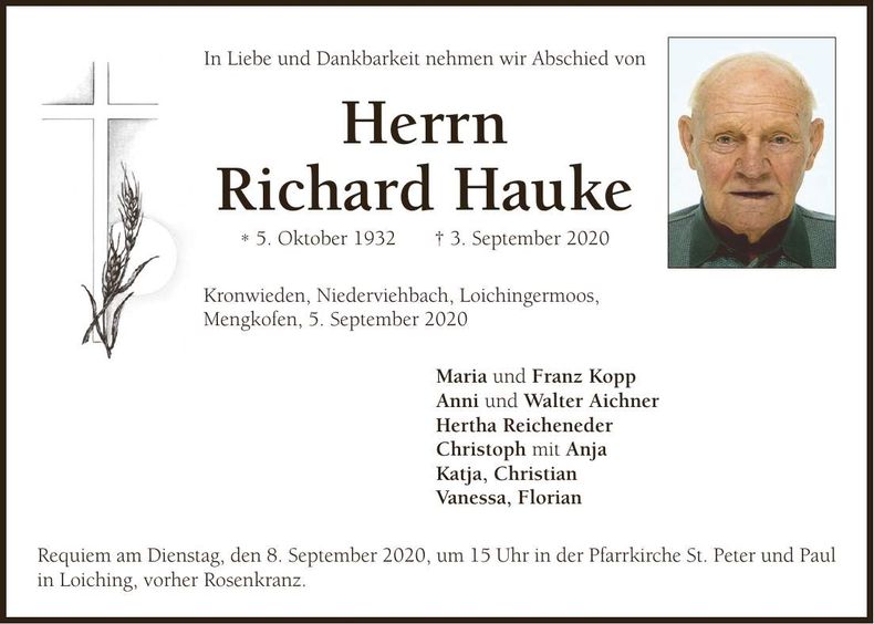 Traueranzeige Richard Hauke