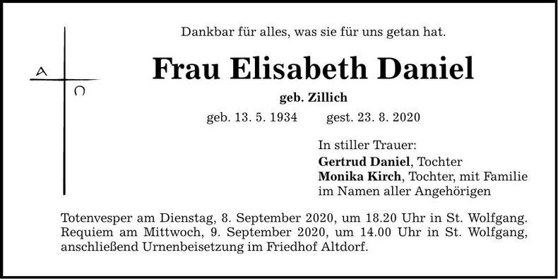 Traueranzeige Elisabeth Daniel
