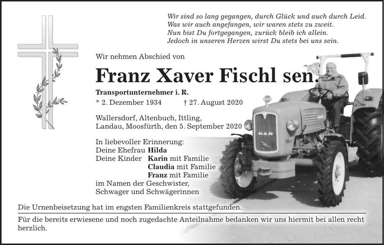 Traueranzeige Franz Xaver Fischl sen.
