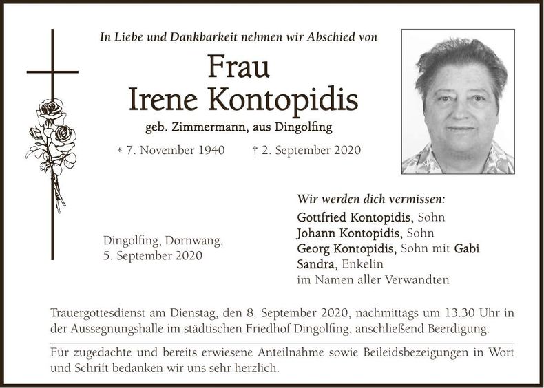 Traueranzeige Irene Kontopidis