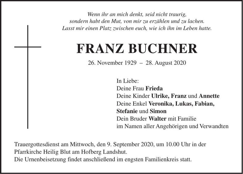 Traueranzeige Franz Buchner