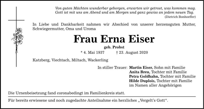 Traueranzeige Erna Eiser
