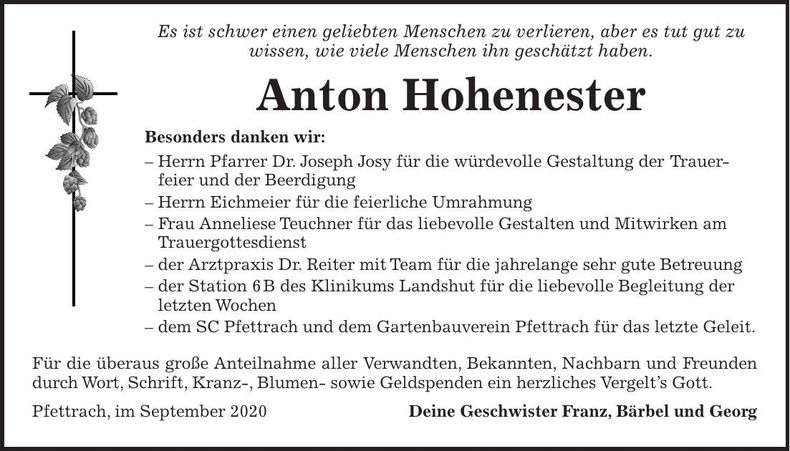 Traueranzeige Anton Hohenester