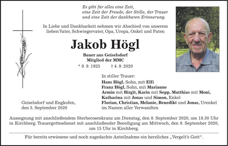 Traueranzeige Jakob Högl