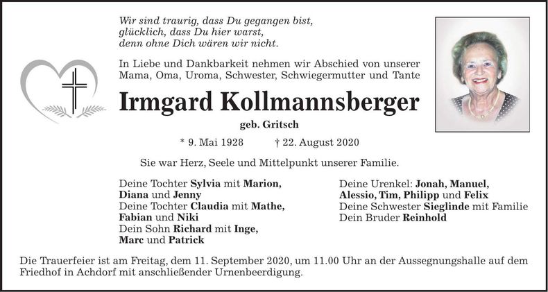 Traueranzeige Irmgard Kollmannsberger