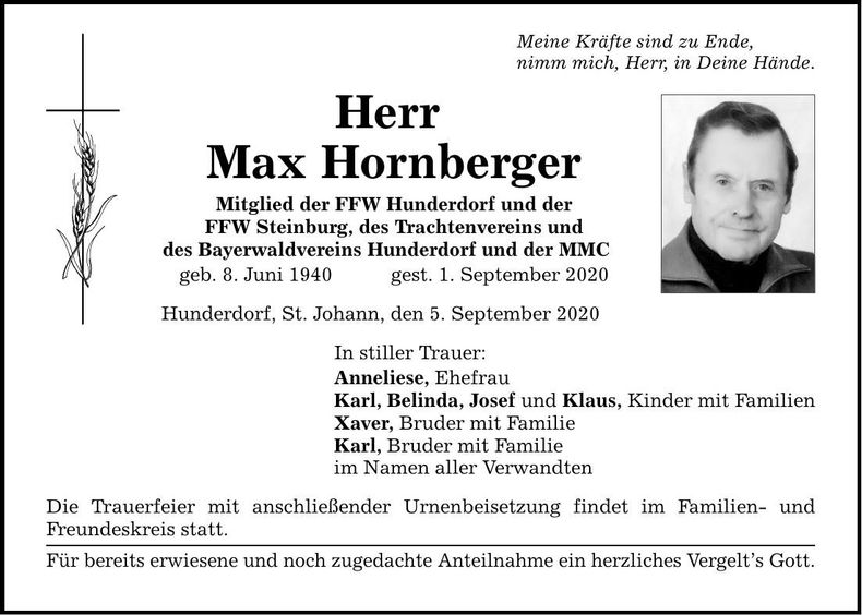 Traueranzeige Max Hornberger
