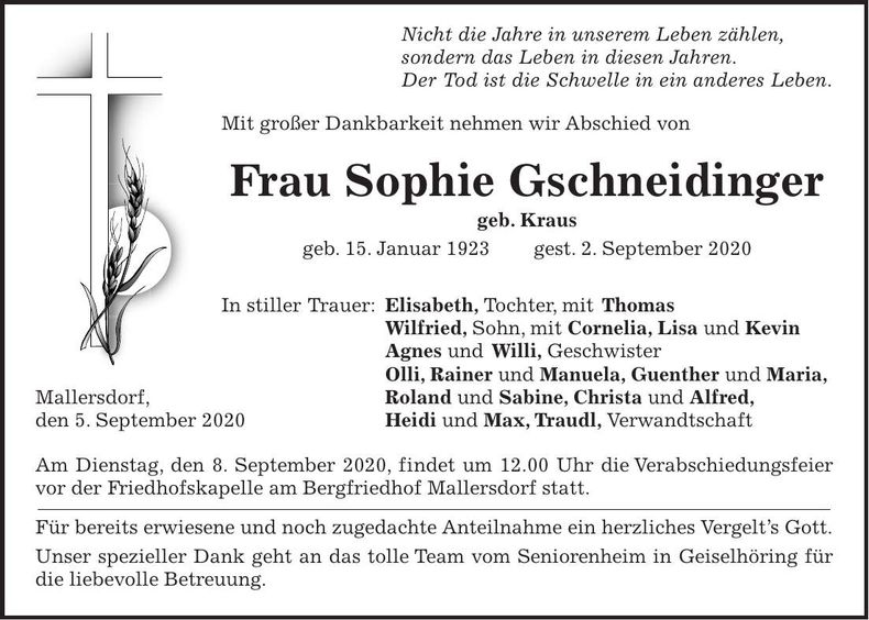 Traueranzeige Sophie Gschneidinger