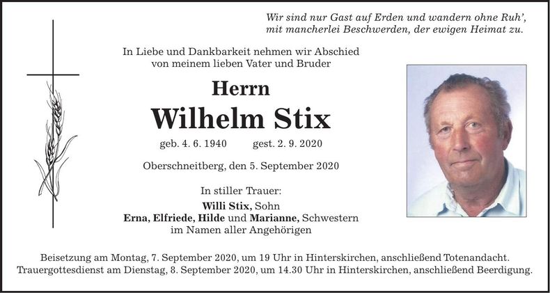 Traueranzeige Wilhelm Stix