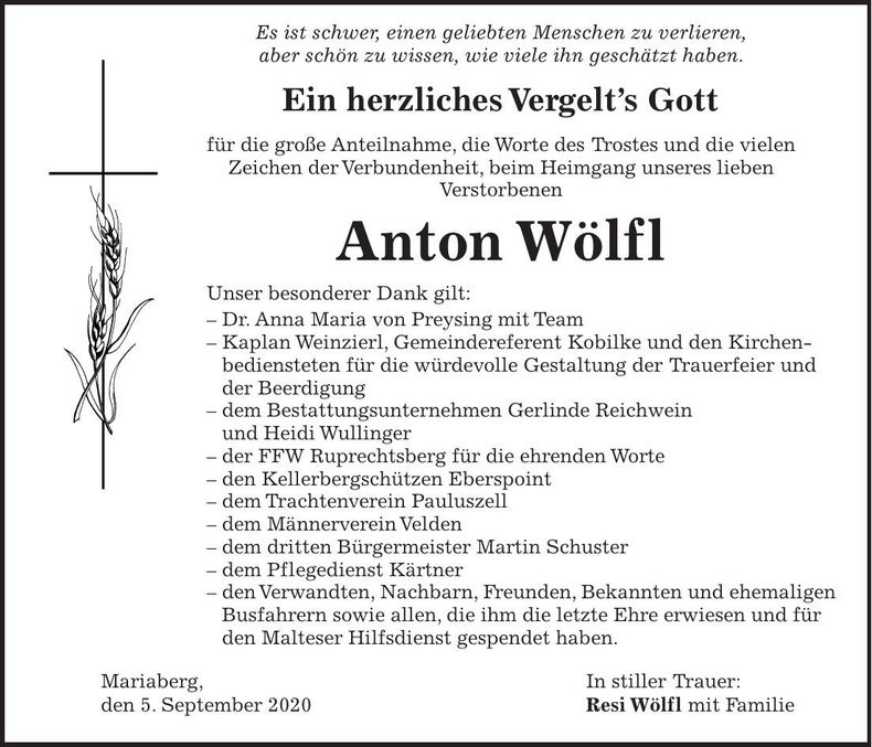 Traueranzeige Anton Wölfl