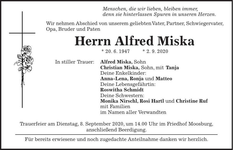Traueranzeige Alfred Miska