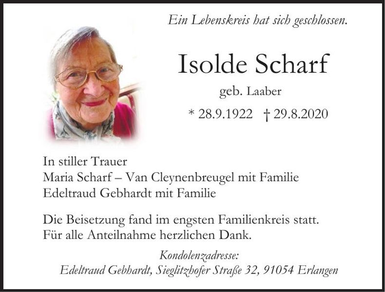 Traueranzeige Isolde Scharf