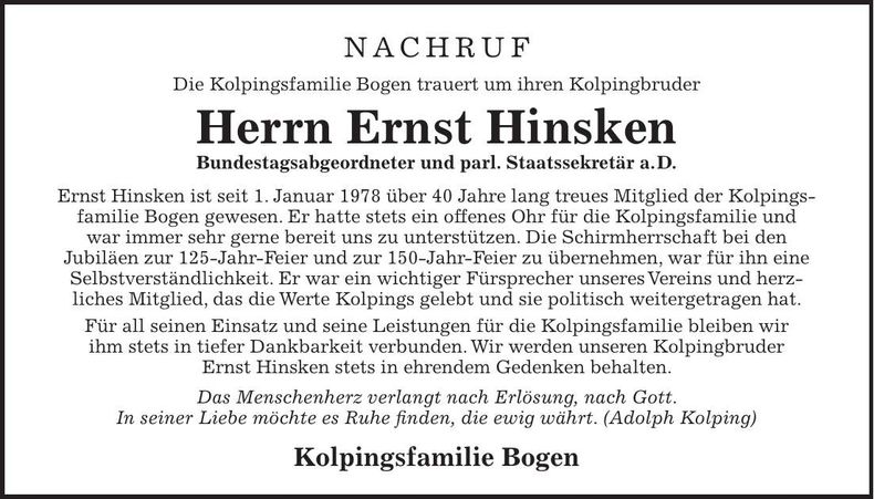 Traueranzeige Ernst Hinsken