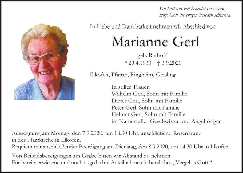 Traueranzeige Marianne Gerl
