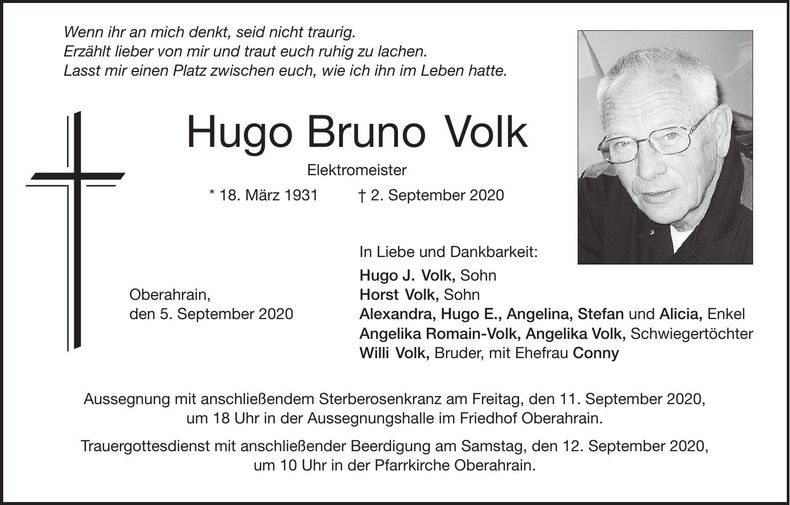 Traueranzeige Hugo Bruno Volk