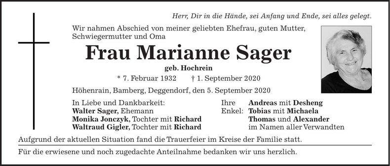 Traueranzeige Marianne Sager