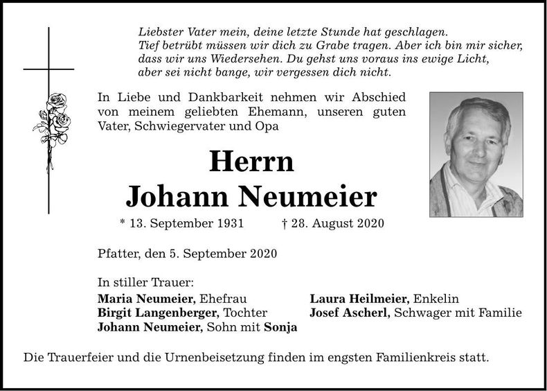 Traueranzeige Johann Neumeier