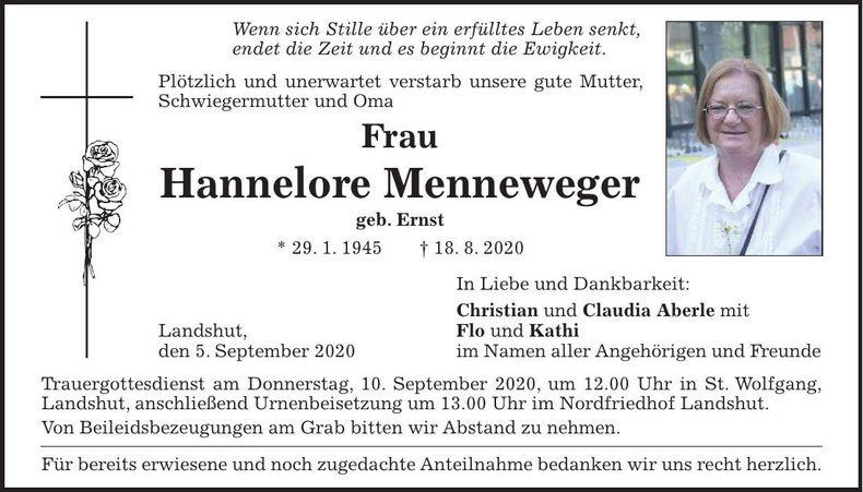 Traueranzeige Hannelore Menneweger