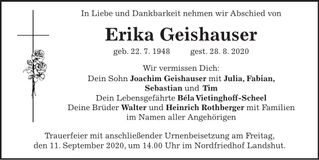 Traueranzeige Erika Geishauser