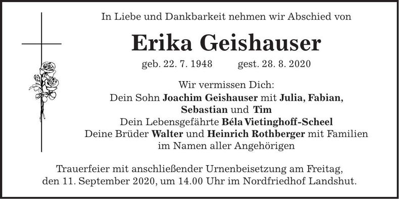 Traueranzeige Erika Geishauser