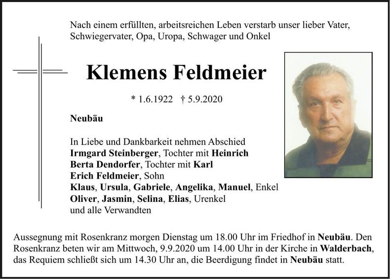 Traueranzeige Klemens Feldmeier