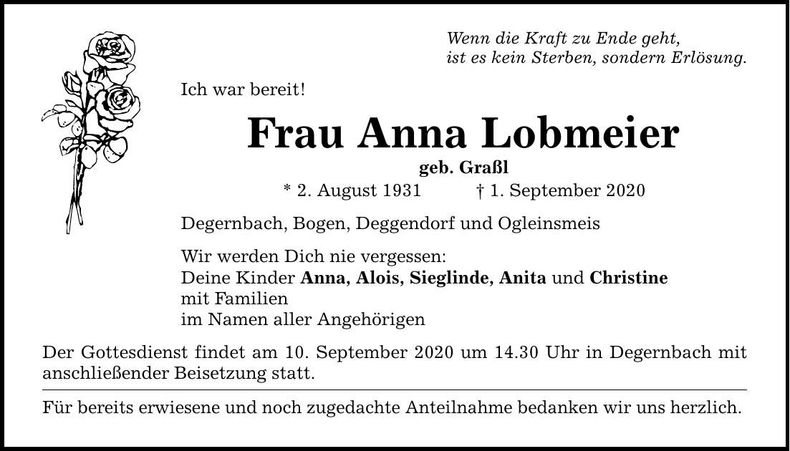 Traueranzeige Anna Lobmeier