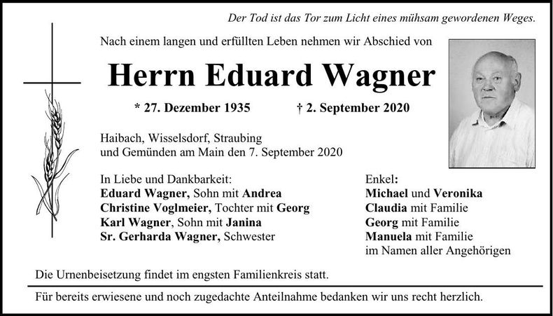 Traueranzeige Eduard Wagner