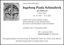 Traueranzeige Ingeborg Paula Schinabeck