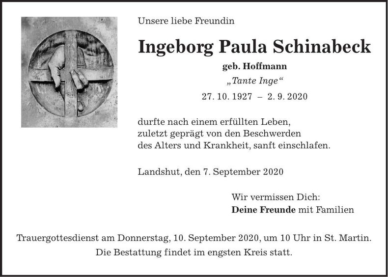 Traueranzeige Ingeborg Paula Schinabeck
