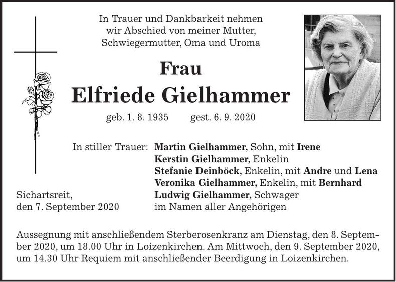 Traueranzeige Elfriede Gielhammer